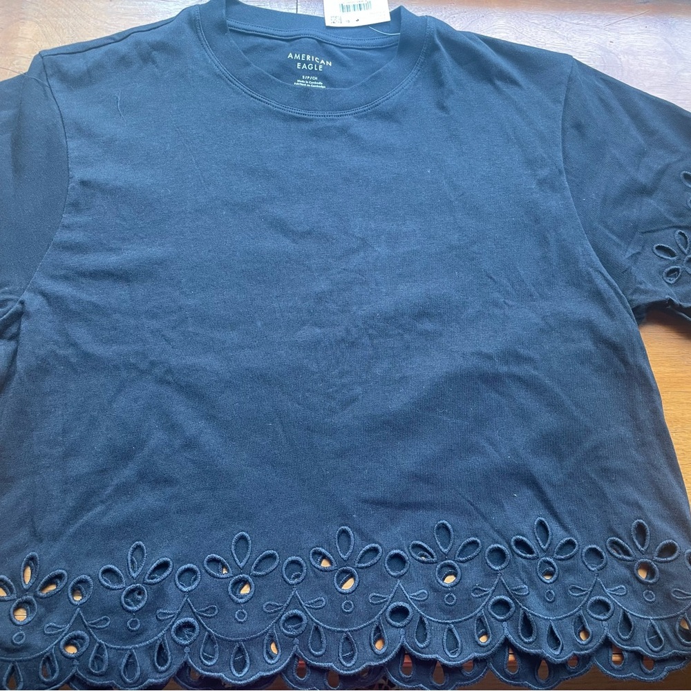 American Eagle Black Eyelet Crew Neck Tee